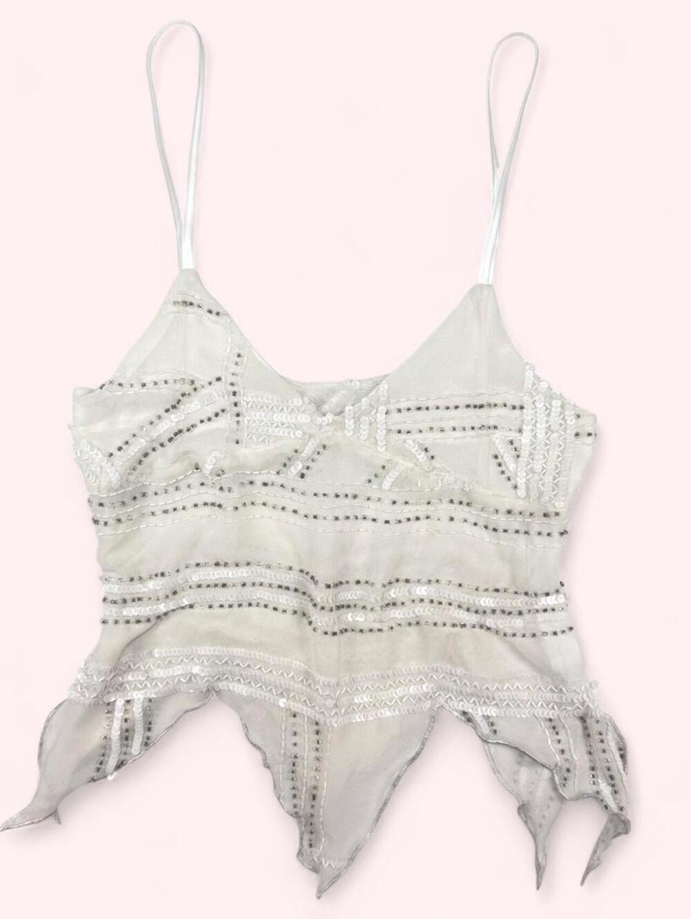 Off white sequin and beaded tank top with white straps